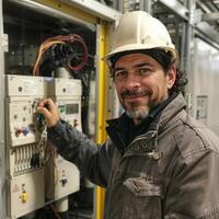 Smiling electrician adjusting industrial equipment photo