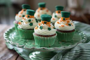 Delightful cupcakes with green frosting and st. Patrick's themed toppers on a platter photo