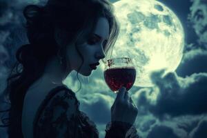 elegante mujer participación un vaso de rojo vino a noche con un lleno Luna antecedentes foto