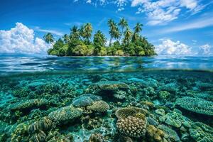 Tropical island paradise with underwater coral reef photo