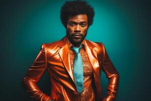 Trendy young man with afro posing in a vibrant orange leather jacket against a teal background photo