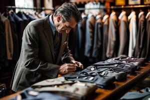 Tailor inspecting suit quality in atelier photo