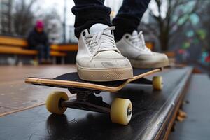 Urban skateboarder close-up on park bench photo