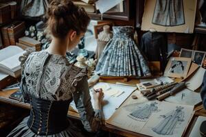 Designer draws historical garments in a workshop filled with antique tools and fabrics photo