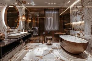 Elegant spacious bathroom with marble floor, freestanding tub, and gold fixtures photo
