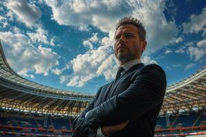 determinado hombre en un traje soportes en un estadio, contemplando debajo un dramático cielo foto