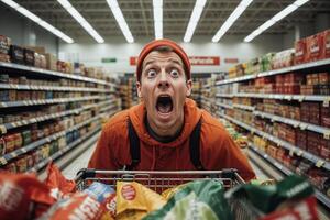 Surprised shopper in grocery aisle photo