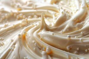 Close-up view of creamy vanilla custard with peaks and swirls, perfect for culinary backgrounds photo