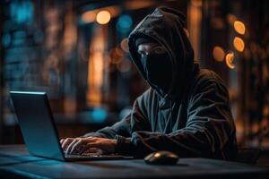 Mysterious hacker working on laptop at night photo