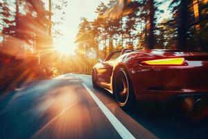 Speeding sports car on forest road at sunset photo