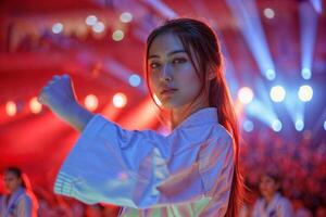 Confident young woman karate fighter at a vibrant event photo