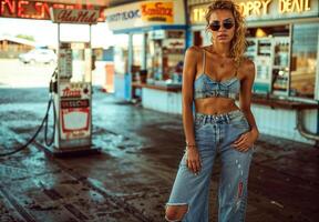 Woman wearing a blue shirt and jeans stands in front of a gas station photo