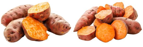 Collection of whole and sliced sweet potatoes, isolated on transparent background photo
