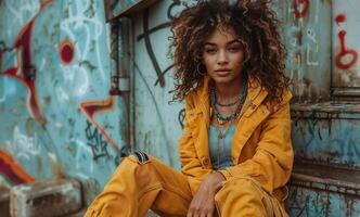 Androgynous fashion model in urban setting photo