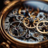 Macro photography of the detailed gears and springs inside a luxury watch photo