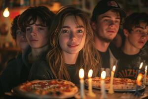 contento joven adultos disfrutando un Pizza fiesta por luz de una vela, compartiendo sonrisas y calor foto