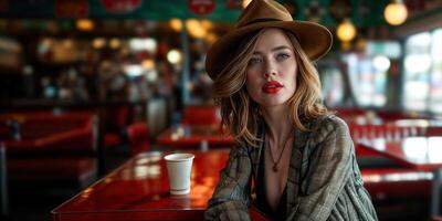 Stylish woman with hat at retro diner photo