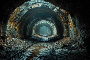 Moody capture of an old, decrepit railway tunnel with remnants of tracks photo