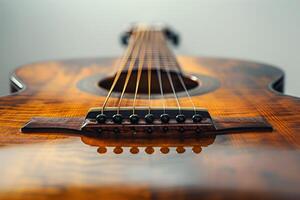 Detailed view of a wooden acoustic guitar focusing on the bridge and strings with a blurred background photo