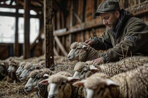 Shepherd tending to his flock in the barn photo
