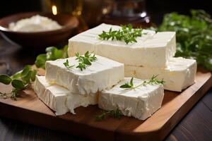 Traditional greek feta cheese on wooden board photo