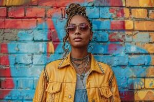 Fashion-forward individual posing against a vibrant graffiti wall, showcasing unisex urban fashion photo