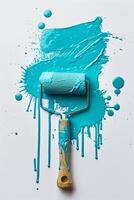 Vibrant turquoise paint splash with roller photo