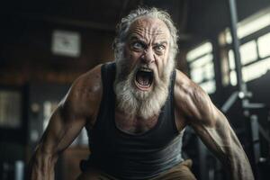 Fierce senior man lifting weights at gym photo