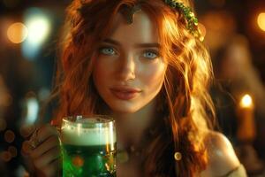 Radiant redhead celebrating with green beer photo