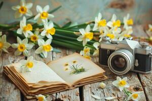 Vintage camera and book with pressed flowers on wooden table photo