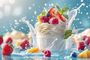 Fresh yogurt with berries and fruit splash photo