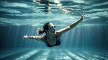 Woman in a calm and focused pose while swimming underwater, rays of light filtering through photo