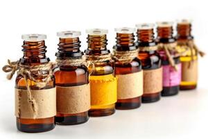 Assortment of aromatic essential oils in amber bottles photo