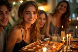 alegre amigos disfrutando un Pizza cena fiesta foto