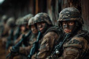 Line of focused soldiers in camouflage gear sitting against a wall in the rain photo