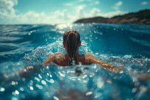 Woman swimming in the ocean at sunrise photo