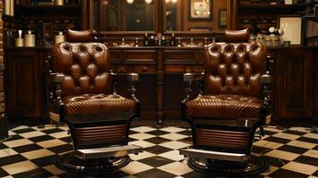 Clásico barbería interior con elegante sillas foto