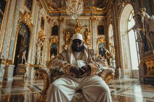 Rapper exudes luxury and authority seated in an ornate, golden palace room photo