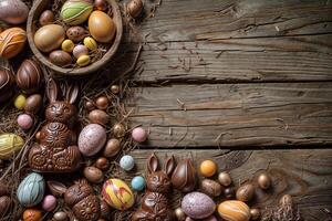 Easter chocolate delights on rustic wooden background photo