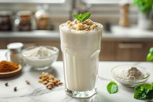 Refreshing protein smoothie with nuts and mint garnish, ideal for bariatric diet plans photo