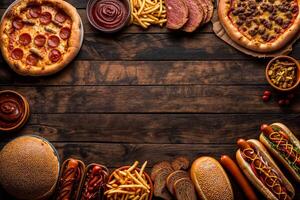 Assorted fast food feast on wooden background photo