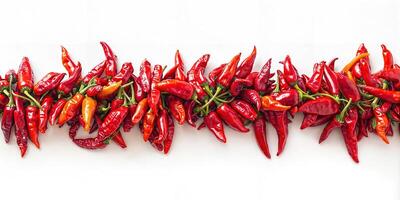 Row of fresh red chili peppers on white background photo