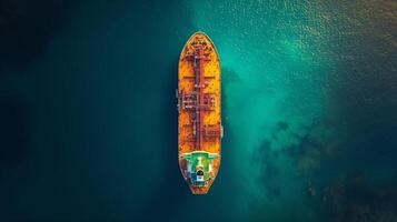 Aerial view of cargo ship on sea at sunset photo