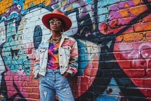 Androgynous style in urban graffiti backdrop photo