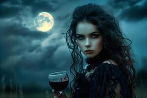 Mysterious vampire woman with red blood glass under moonlight photo