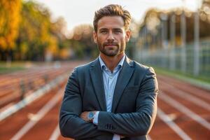 Confident businessman on sports track at sunset photo