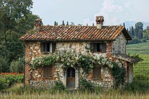 Quaint, vine-covered stone cottage with a terracotta roof nestled amid lush countryside photo