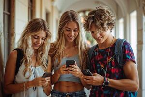 Friends sharing social media content on phones photo