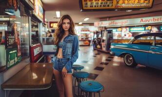 Retro diner fashion woman in vintage setting photo