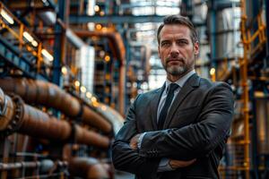 Determined businessman in industrial setting photo